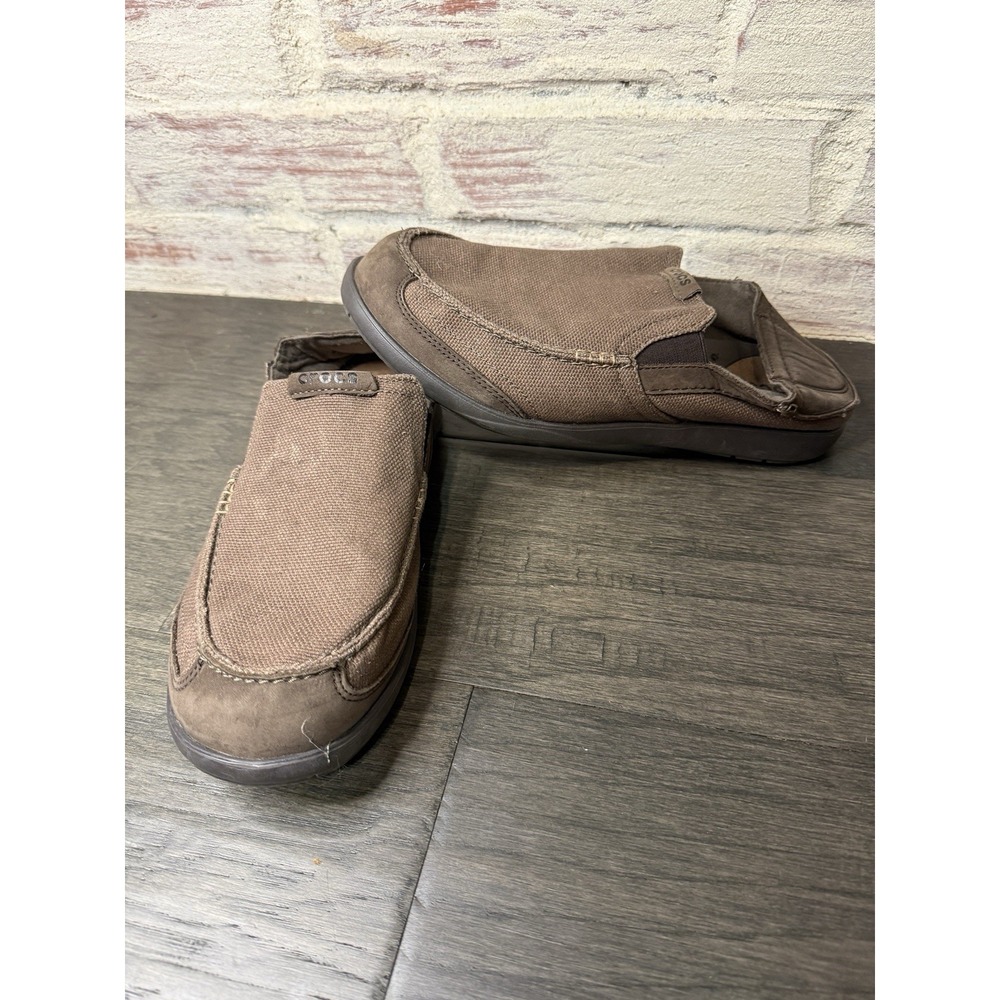 Crocs Santa Cruz Shoes Mens 9 Brown Canvas Slip On Loafers Comfort Casual Preppy